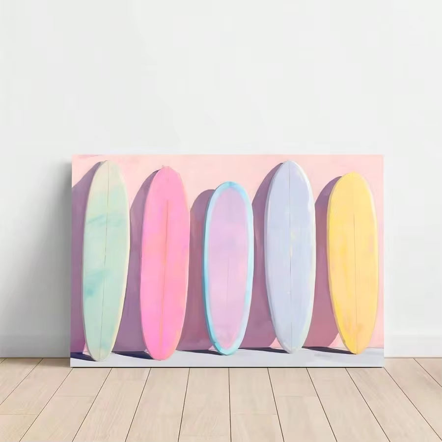 1pc Solid Wood Frame Girly Pastel Surfboards Painting, Pink Beach House Theme Canvas Posters & Prints, Large Canvas Wall Art, 2D Flat, Easy Hang Tabletop Or Wall Display, For Halloween, ChristmasGifts, Bedroom, Living Room, Decoration Ready To Hang