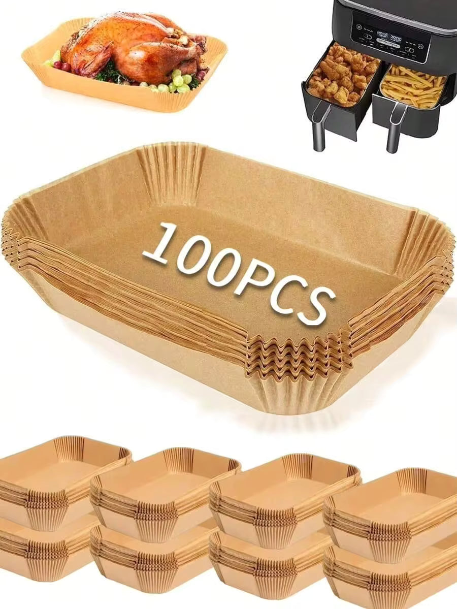 100pcs Air Fryer Parchment Paper, Oil Absorbing Paper, Paper Liners, Baking Oven Sheets, Square, Rectangular, Round Shapes, Suitable For Air Fryer, Oven, Heat Resistant, Non-Stick, Ideal For Cooking, Baking, Kitchen, Party, Camping
